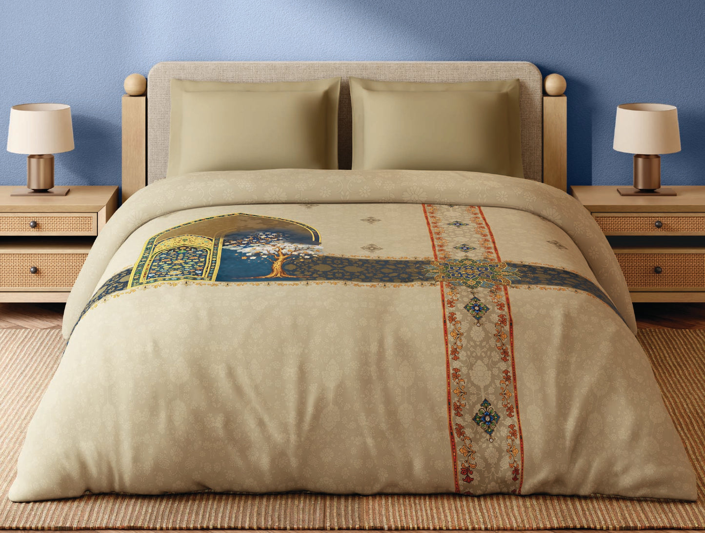 Spaces Meenakari 100% Cotton 300 TC Ornate Light Taupe Double Quilt - 88 x 106 Inches