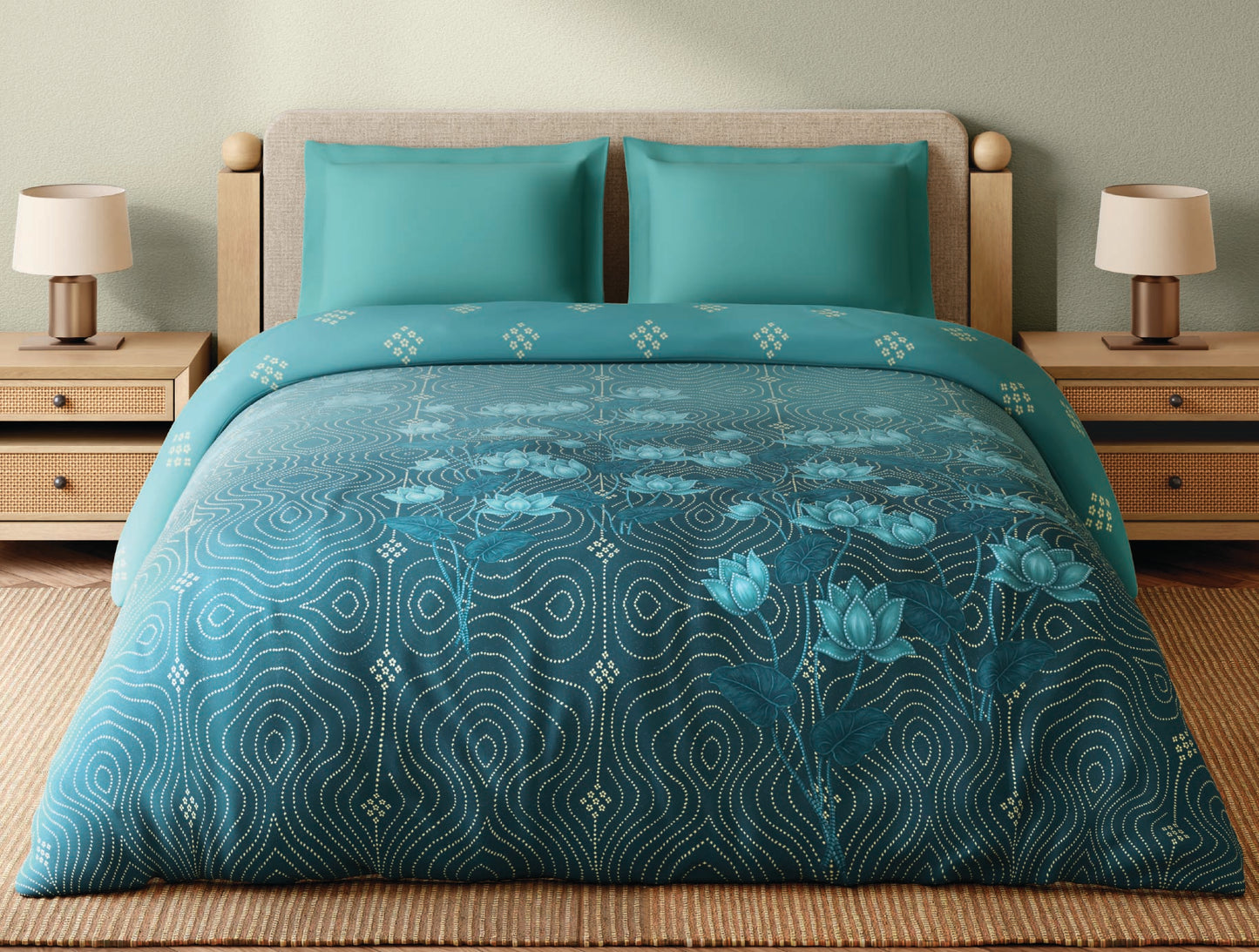 Spaces Miniature 100% Cotton 300 TC Floral Teal Double Quilt - 88 x 106 Inches