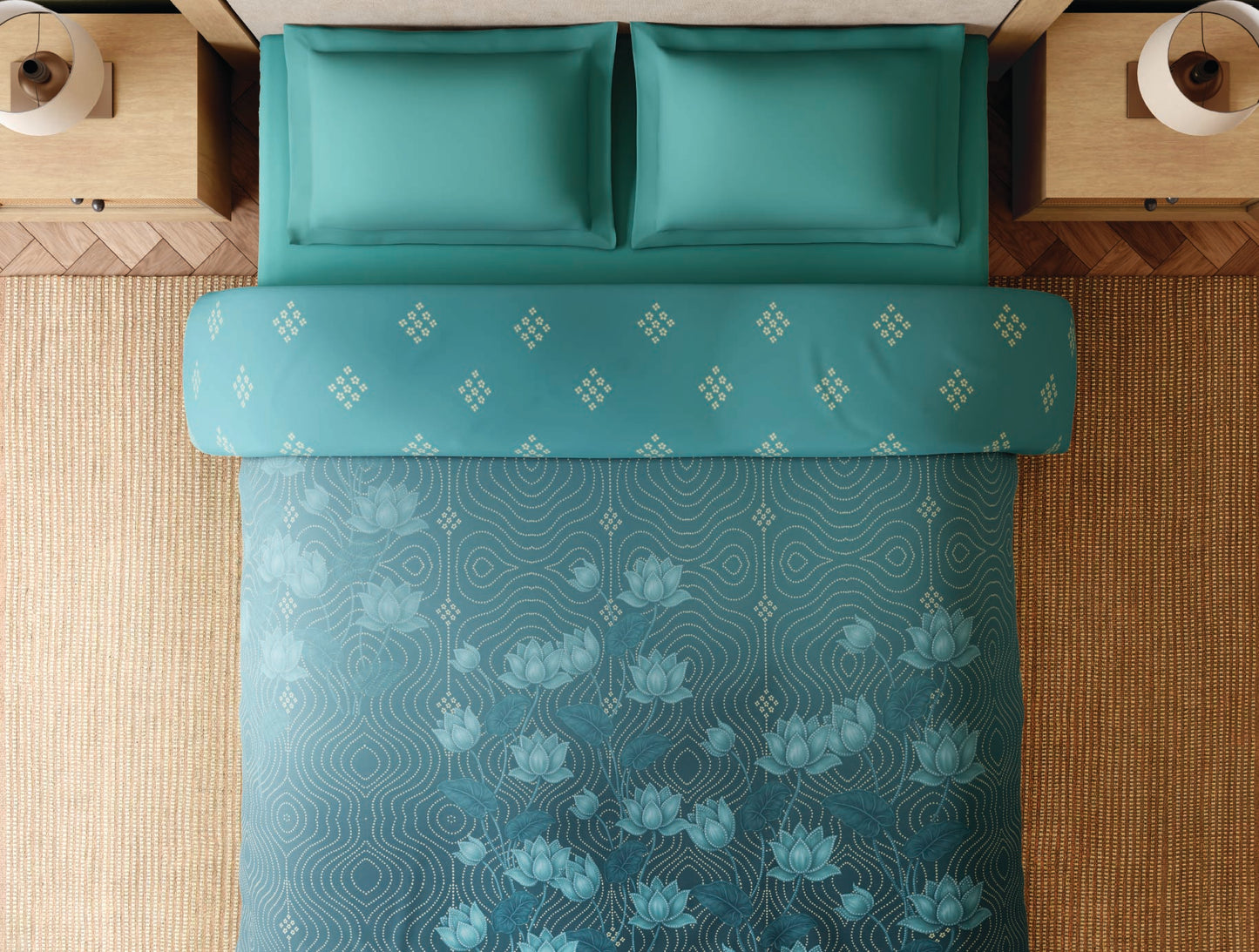 Spaces Miniature 100% Cotton 300 TC Floral Teal Double Quilt - 88 x 106 Inches