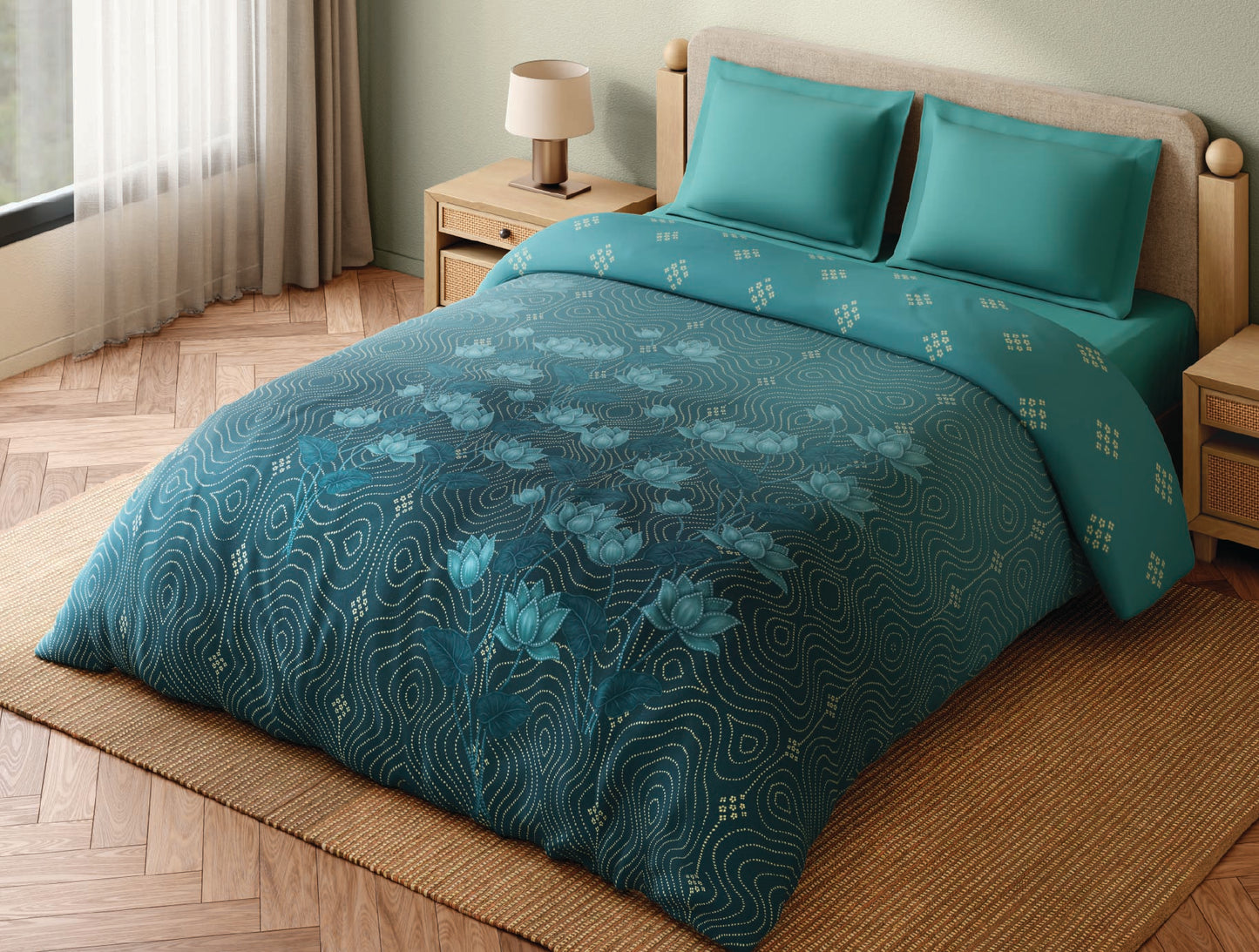 Spaces Miniature 100% Cotton 300 TC Floral Teal Double Quilt - 88 x 106 Inches