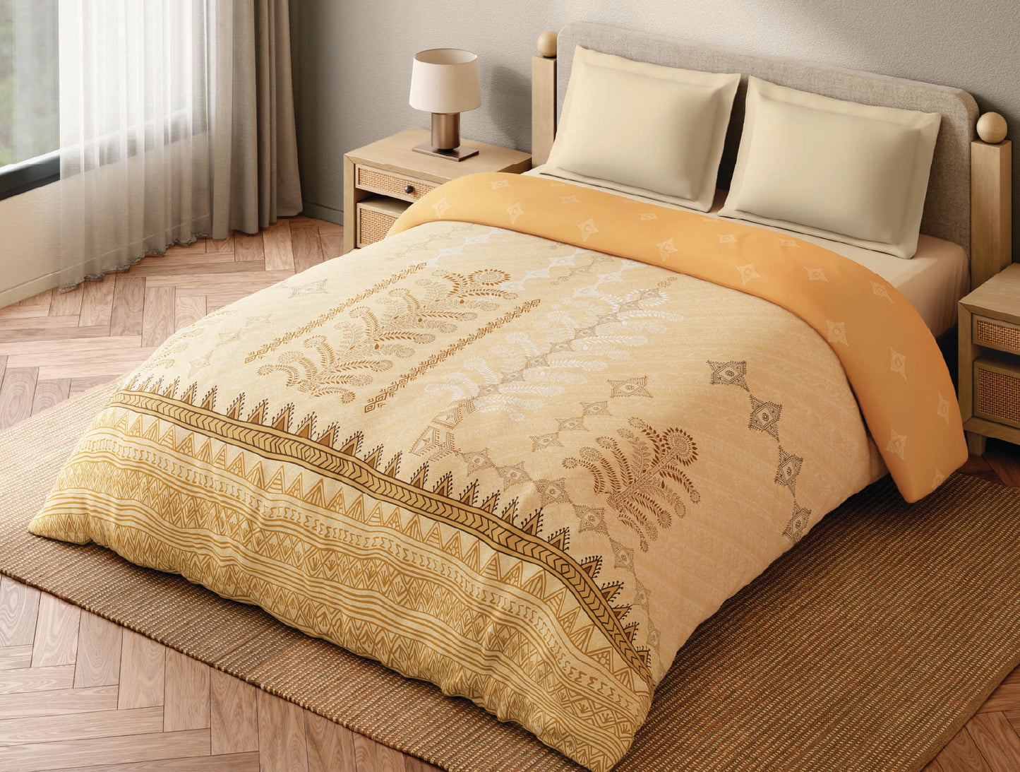 Spaces Godna 100% Cotton 300 TC Ornate Beige Double Quilt - 88 x 106 Inches