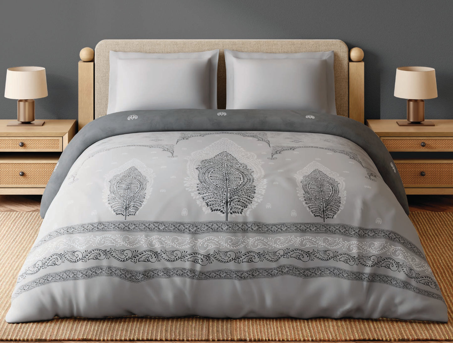 Spaces Patachitra 100% Cotton 300 TC Ornate Light Grey Double Quilt - 88 x 106 Inches