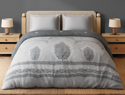 Spaces Patachitra 100% Cotton 300 TC Ornate Light Grey Double Quilt - 88 x 106 Inches
