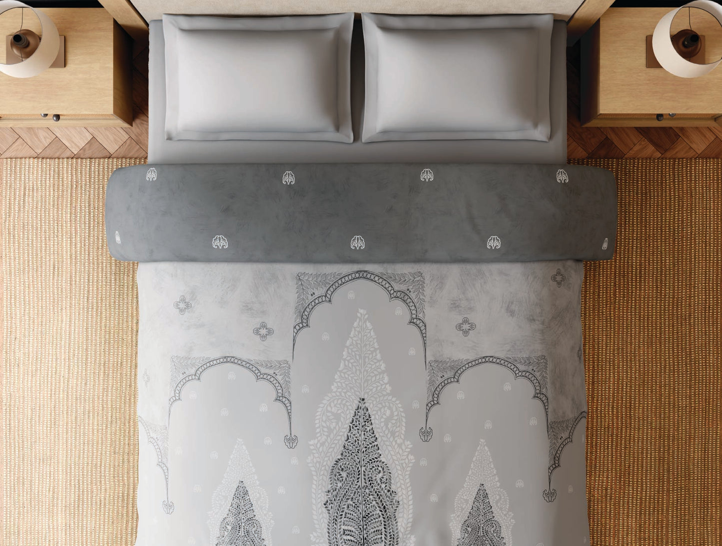Spaces Patachitra 100% Cotton 300 TC Ornate Light Grey Double Quilt - 88 x 106 Inches