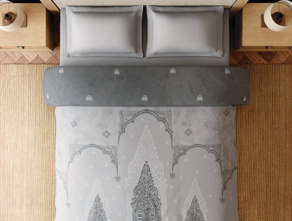 Spaces Patachitra 100% Cotton 300 TC Ornate Light Grey Double Quilt - 88 x 106 Inches