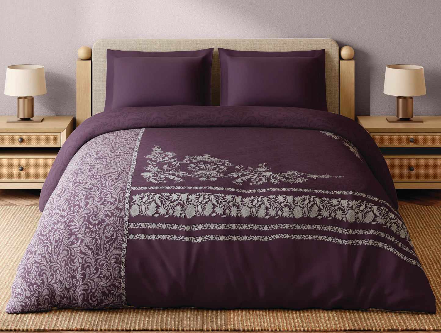 Spaces Bidriware 100% Cotton 300 TC Floral Dark Violet Double Quilt - 88 x 106 Inches