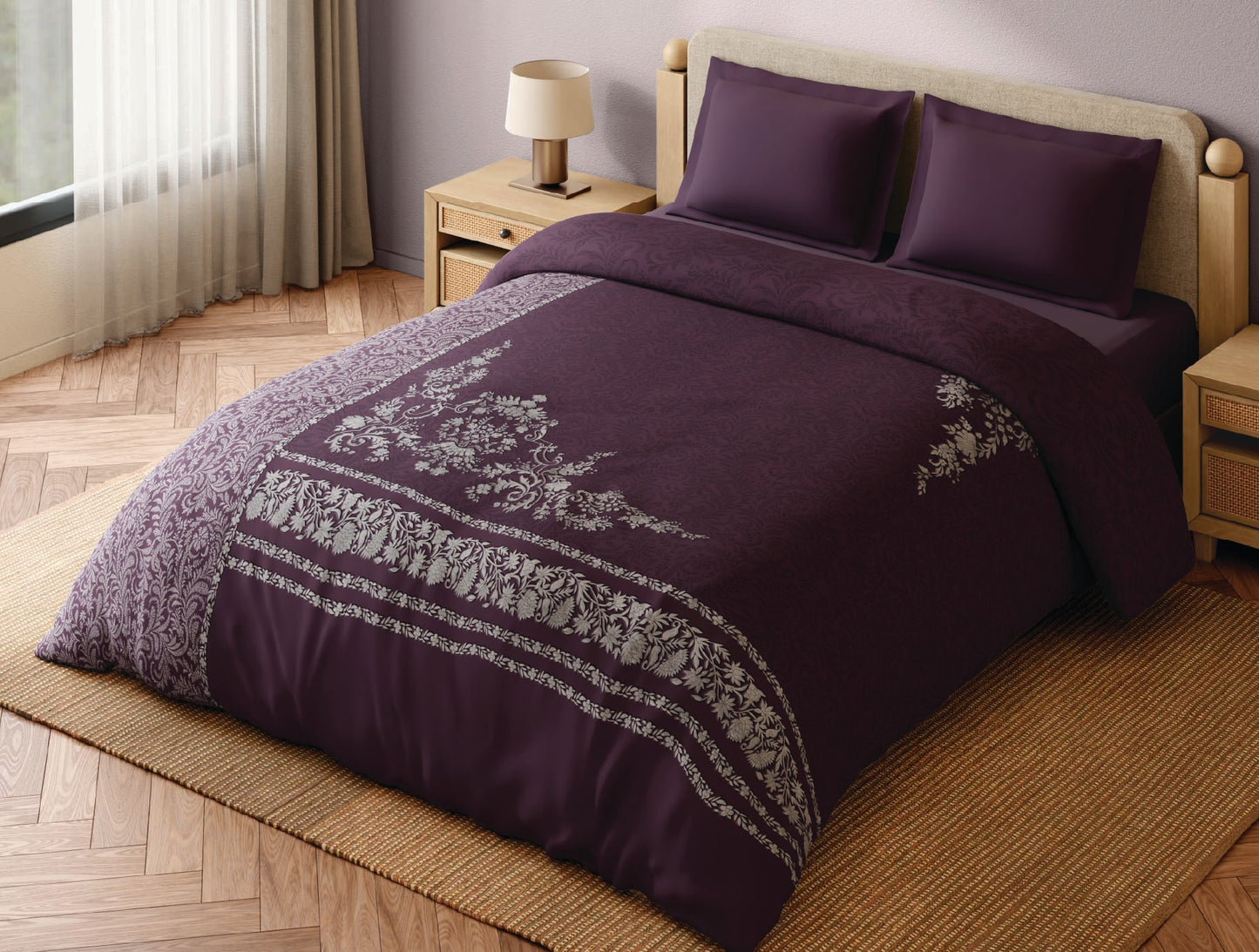 Spaces Bidriware 100% Cotton 300 TC Floral Dark Violet Double Quilt - 88 x 106 Inches