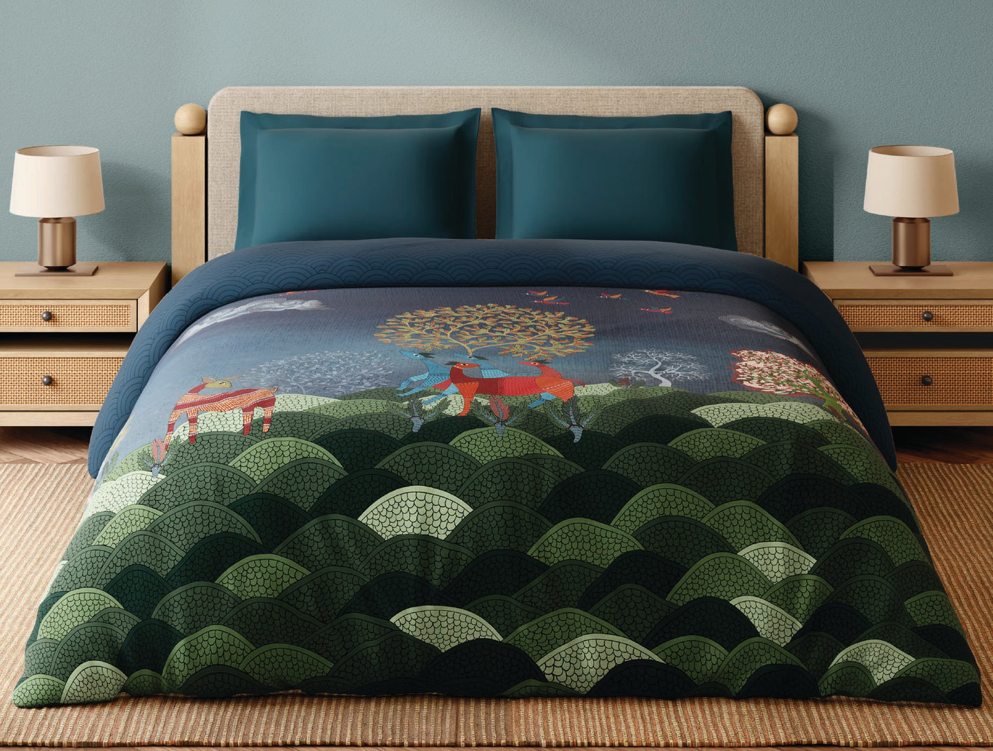 Spaces Gond 100% Cotton 300 TC Abstract Dark Blue Double Quilt - 88 x 106 Inches