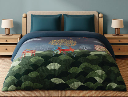 Spaces Gond 100% Cotton 300 TC Abstract Dark Blue Double Quilt - 88 x 106 Inches