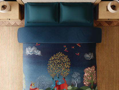 Spaces Gond 100% Cotton 300 TC Abstract Dark Blue Double Quilt - 88 x 106 Inches
