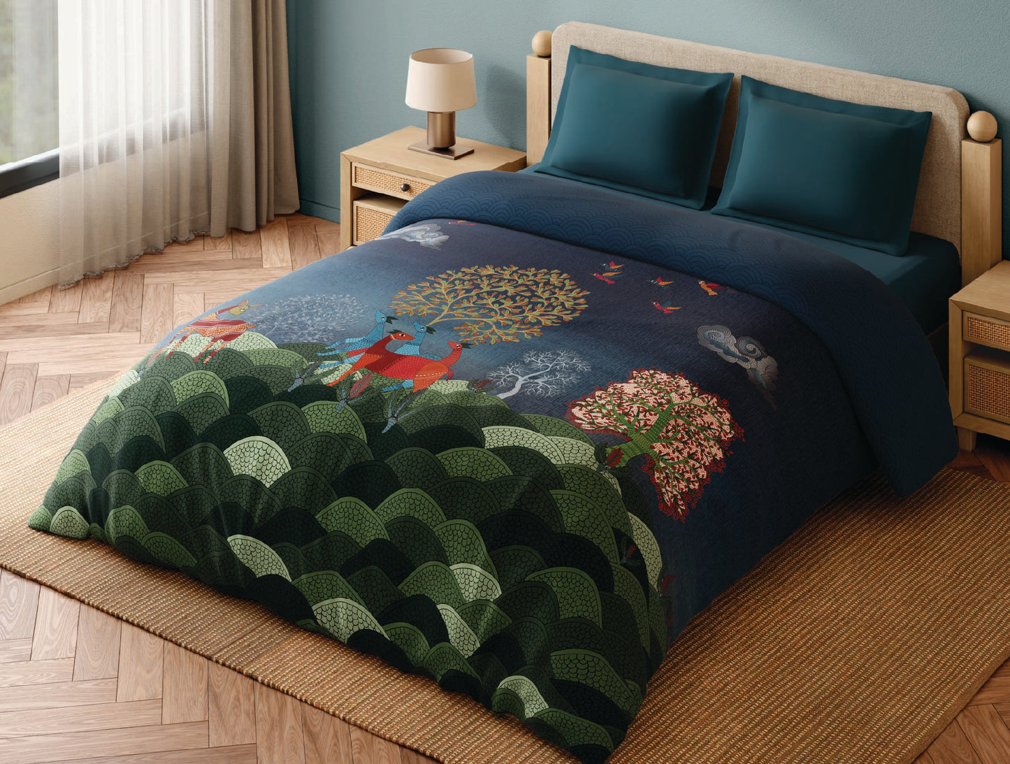 Spaces Gond 100% Cotton 300 TC Abstract Dark Blue Double Quilt - 88 x 106 Inches