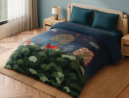 Spaces Gond 100% Cotton 300 TC Abstract Dark Blue Double Quilt - 88 x 106 Inches