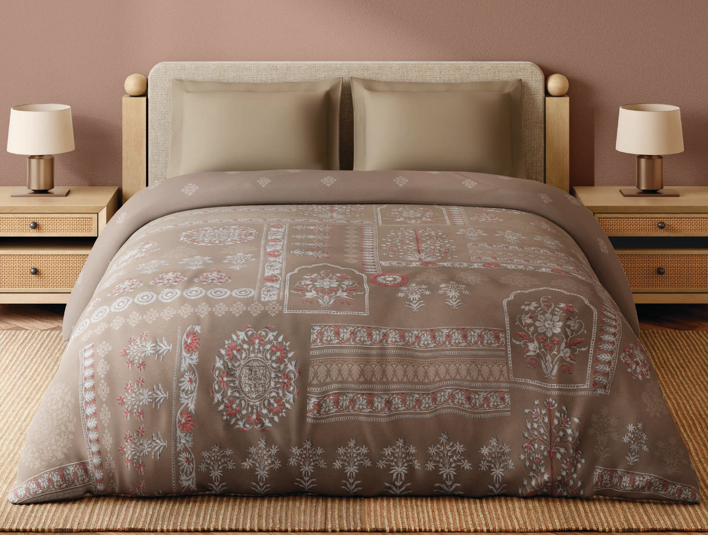 Spaces Bidriware 100% Cotton 300 TC Floral Light Brown Double Quilt - 88 x 106 Inches