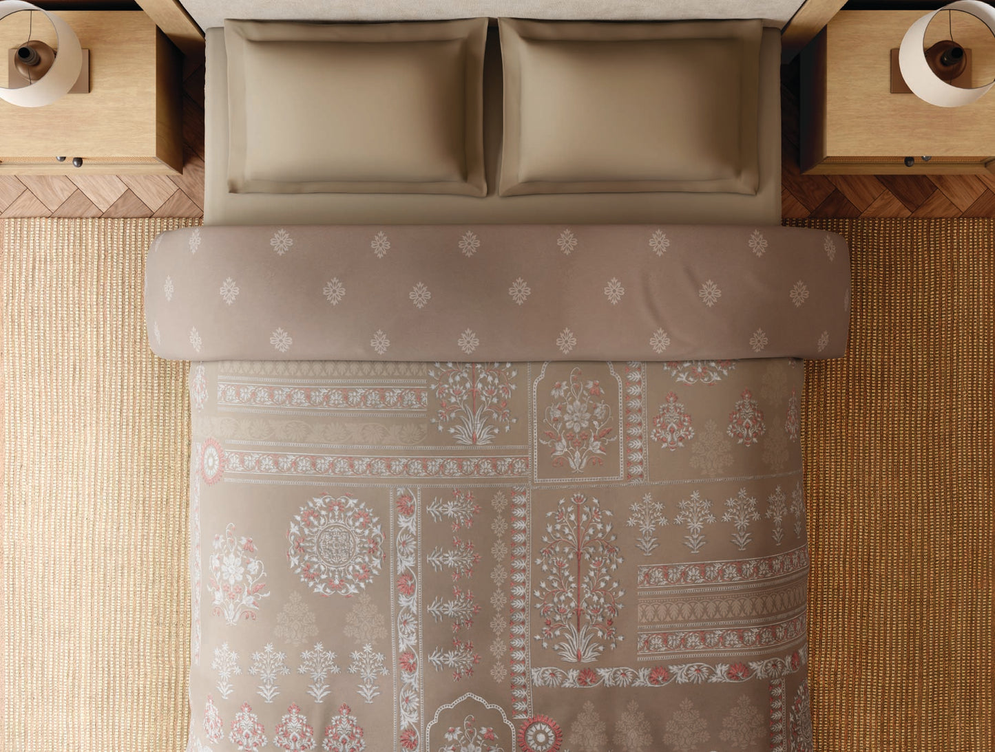 Spaces Bidriware 100% Cotton 300 TC Floral Light Brown Double Quilt - 88 x 106 Inches