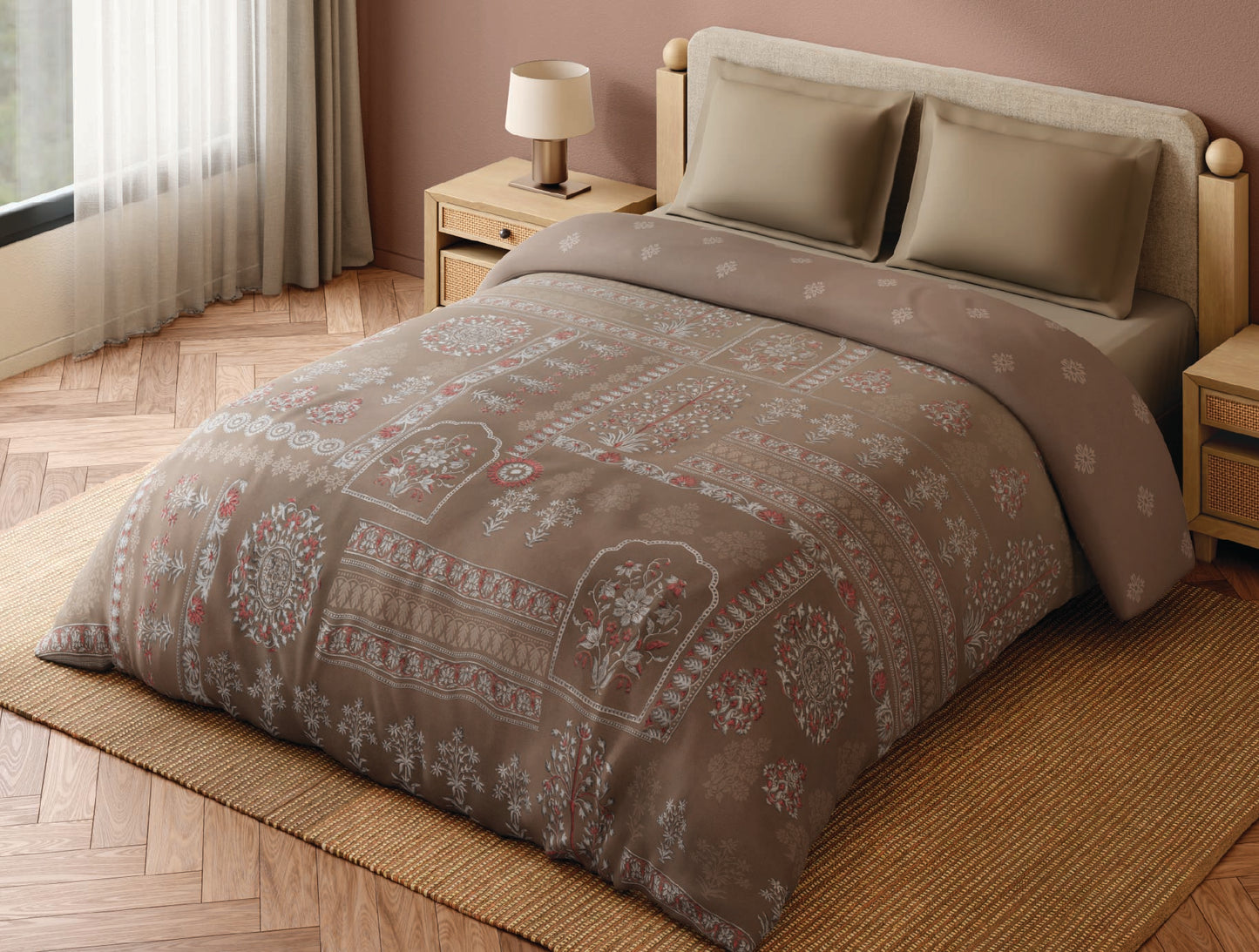 Spaces Bidriware 100% Cotton 300 TC Floral Light Brown Double Quilt - 88 x 106 Inches