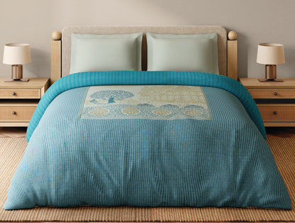 Spaces Sanjhi 100% Cotton 300 TC Abstract Aqua Double Quilt - 88 x 106 Inches