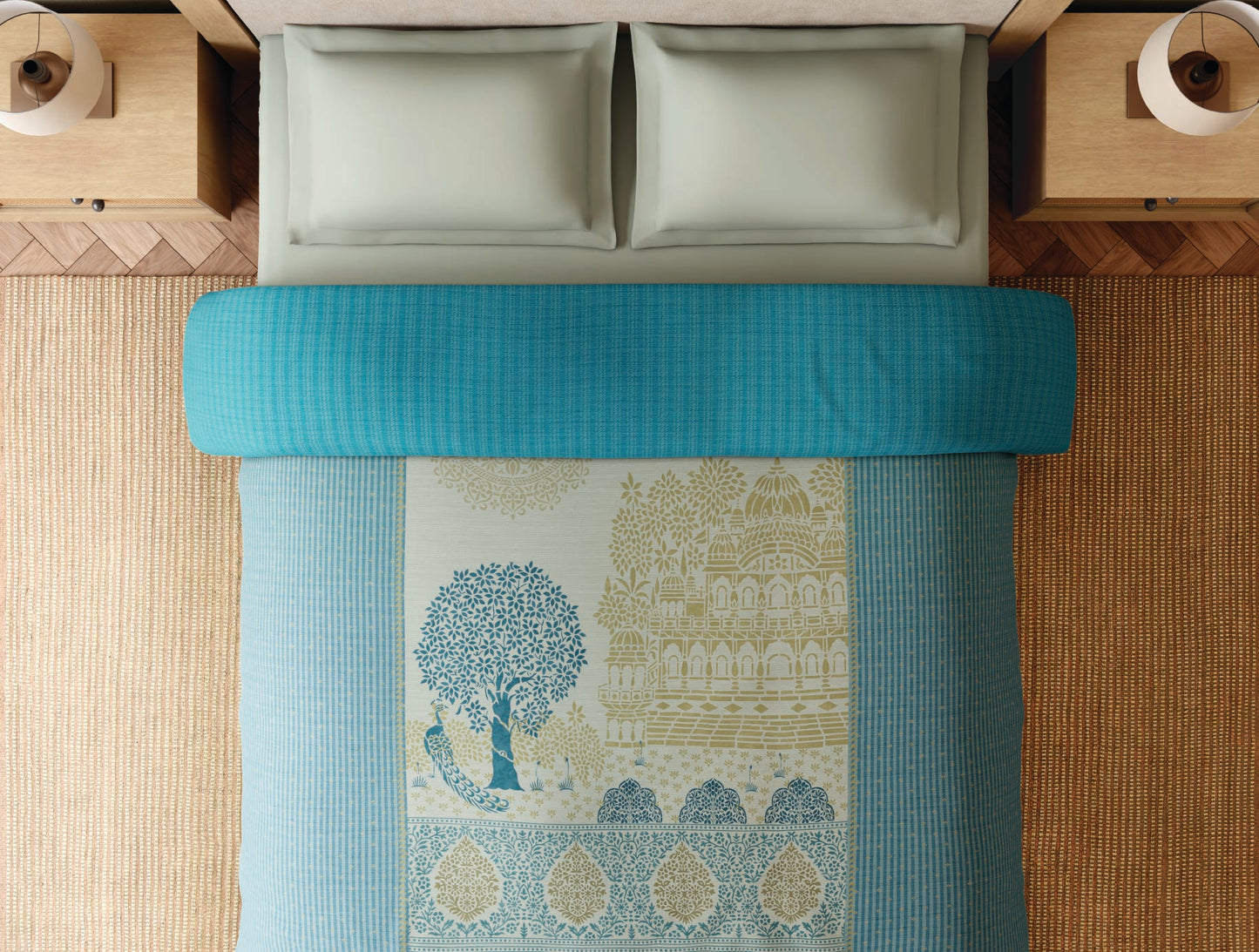 Spaces Sanjhi 100% Cotton 300 TC Abstract Aqua Double Quilt - 88 x 106 Inches