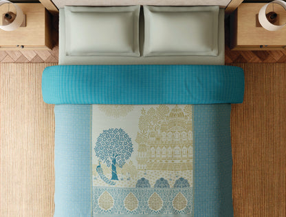 Spaces Sanjhi 100% Cotton 300 TC Abstract Aqua Double Quilt - 88 x 106 Inches