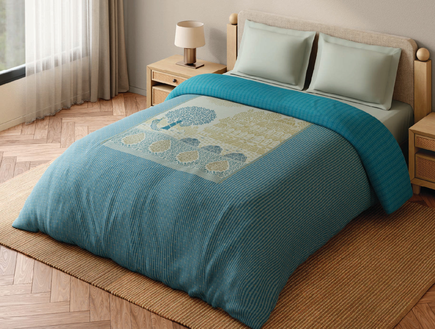 Spaces Sanjhi 100% Cotton 300 TC Abstract Aqua Double Quilt - 88 x 106 Inches