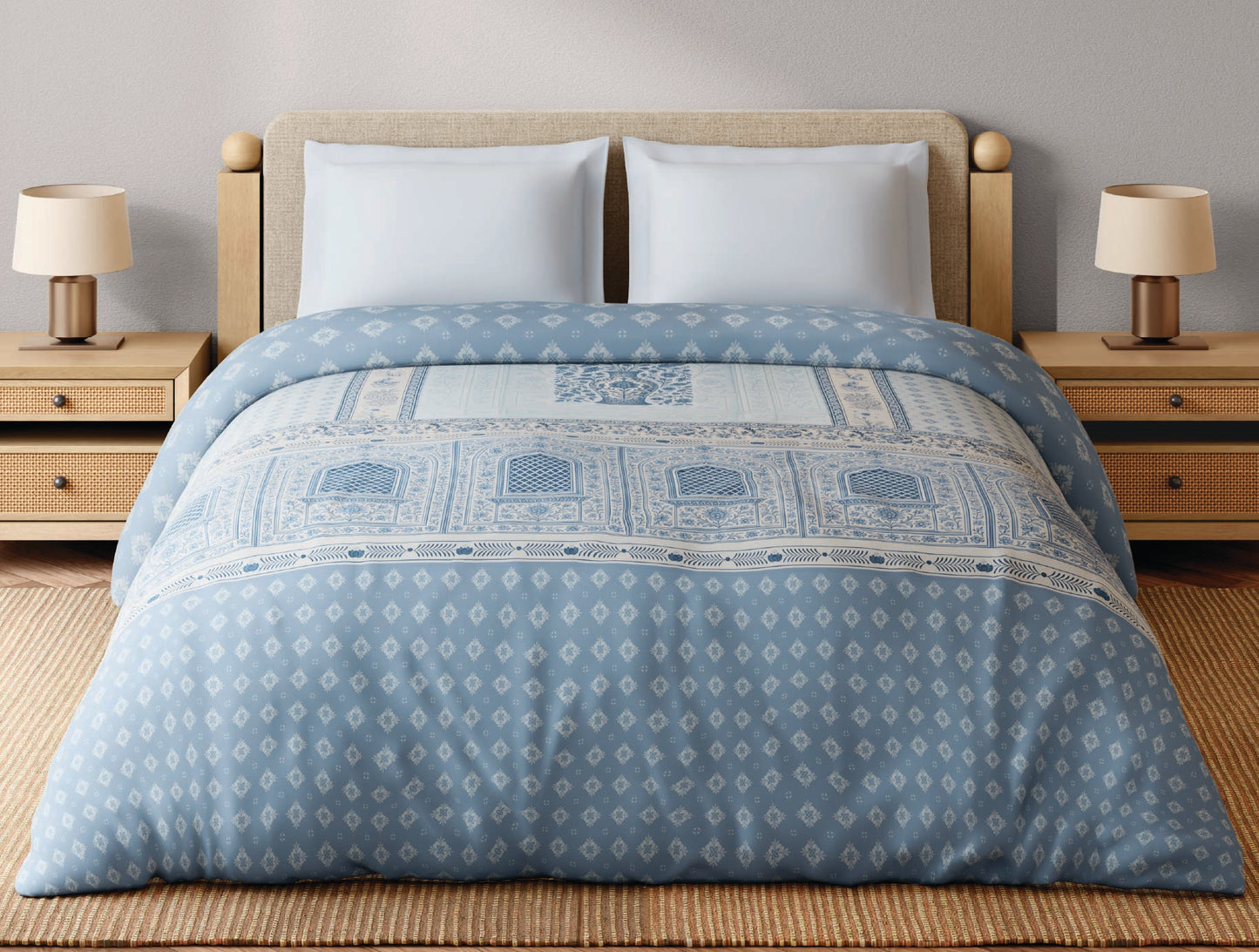 Spaces Blue Pottery 100% Cotton 300 TC Ornate Light Aqua Double Quilt - 88 x 106 Inches