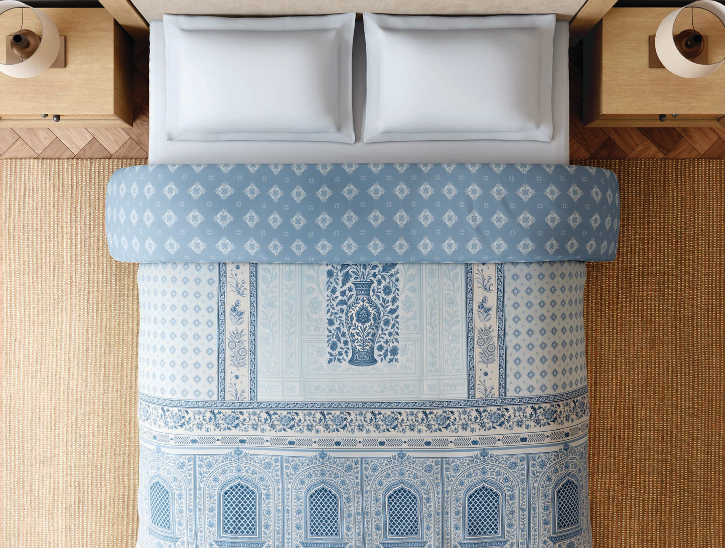 Spaces Blue Pottery 100% Cotton 300 TC Ornate Light Aqua Double Quilt - 88 x 106 Inches