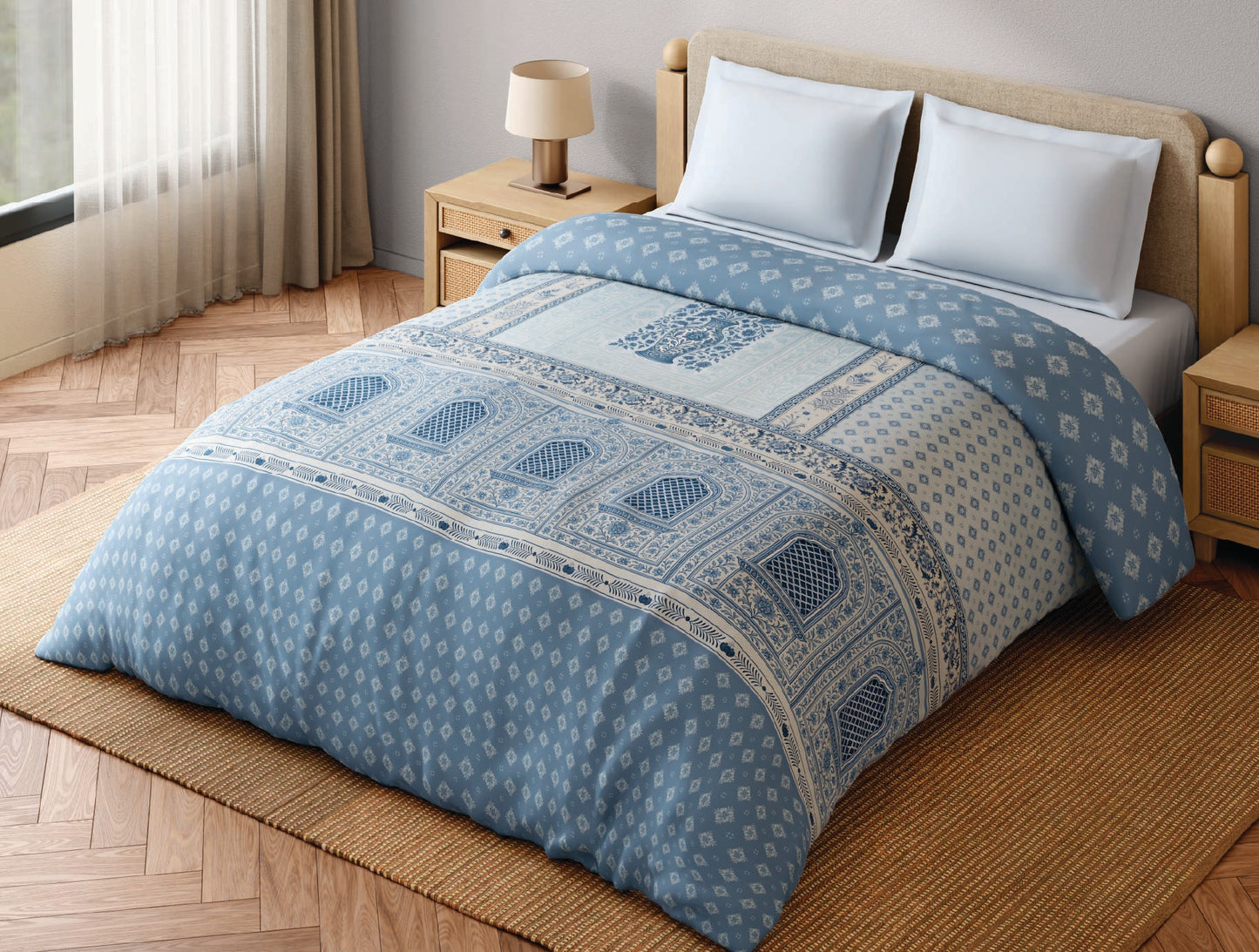 Spaces Blue Pottery 100% Cotton 300 TC Ornate Light Aqua Double Quilt - 88 x 106 Inches