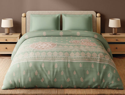 Spaces Wood Carving 100% Cotton 300 TC Ornate Light Green Double Quilt - 88 x 106 Inches
