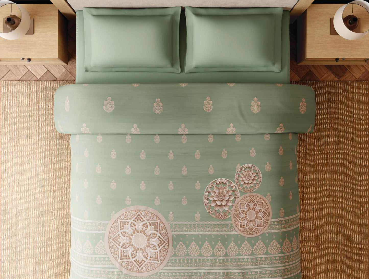 Spaces Wood Carving 100% Cotton 300 TC Ornate Light Green Double Quilt - 88 x 106 Inches