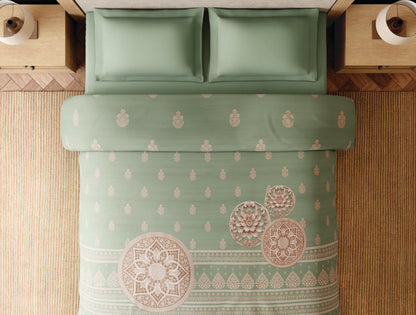 Spaces Wood Carving 100% Cotton 300 TC Ornate Light Green Double Quilt - 88 x 106 Inches