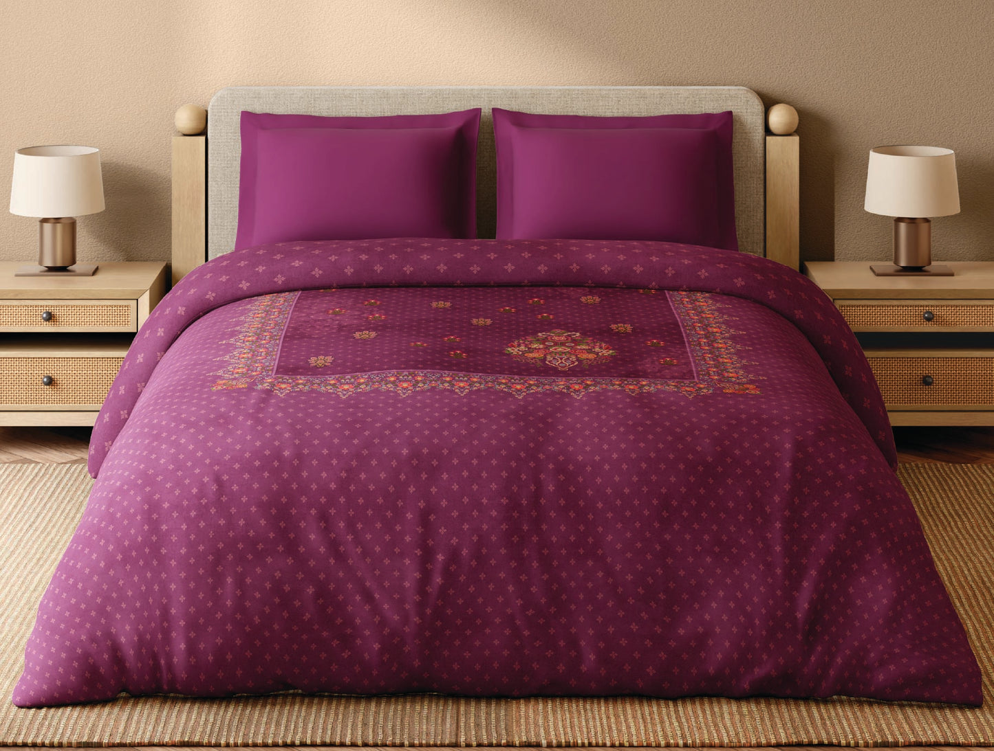 Spaces Paper Mache 100% Cotton 300 TC Floral Maroon Double Quilt - 88 x 106 Inches