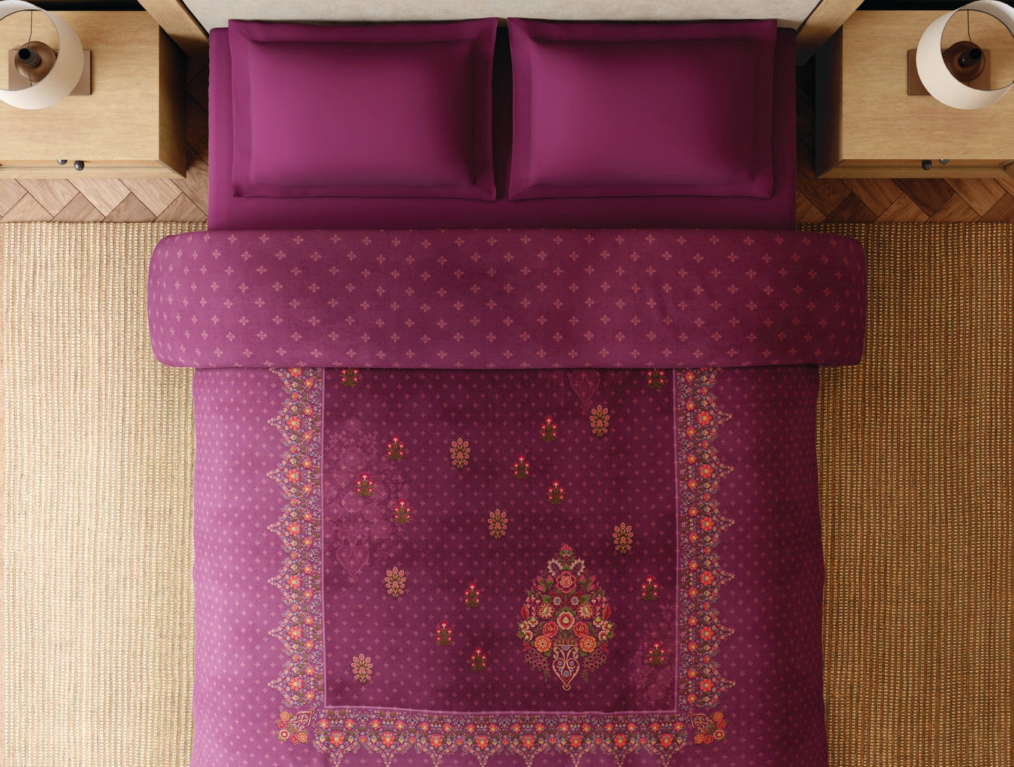 Spaces Paper Mache 100% Cotton 300 TC Floral Maroon Double Quilt - 88 x 106 Inches