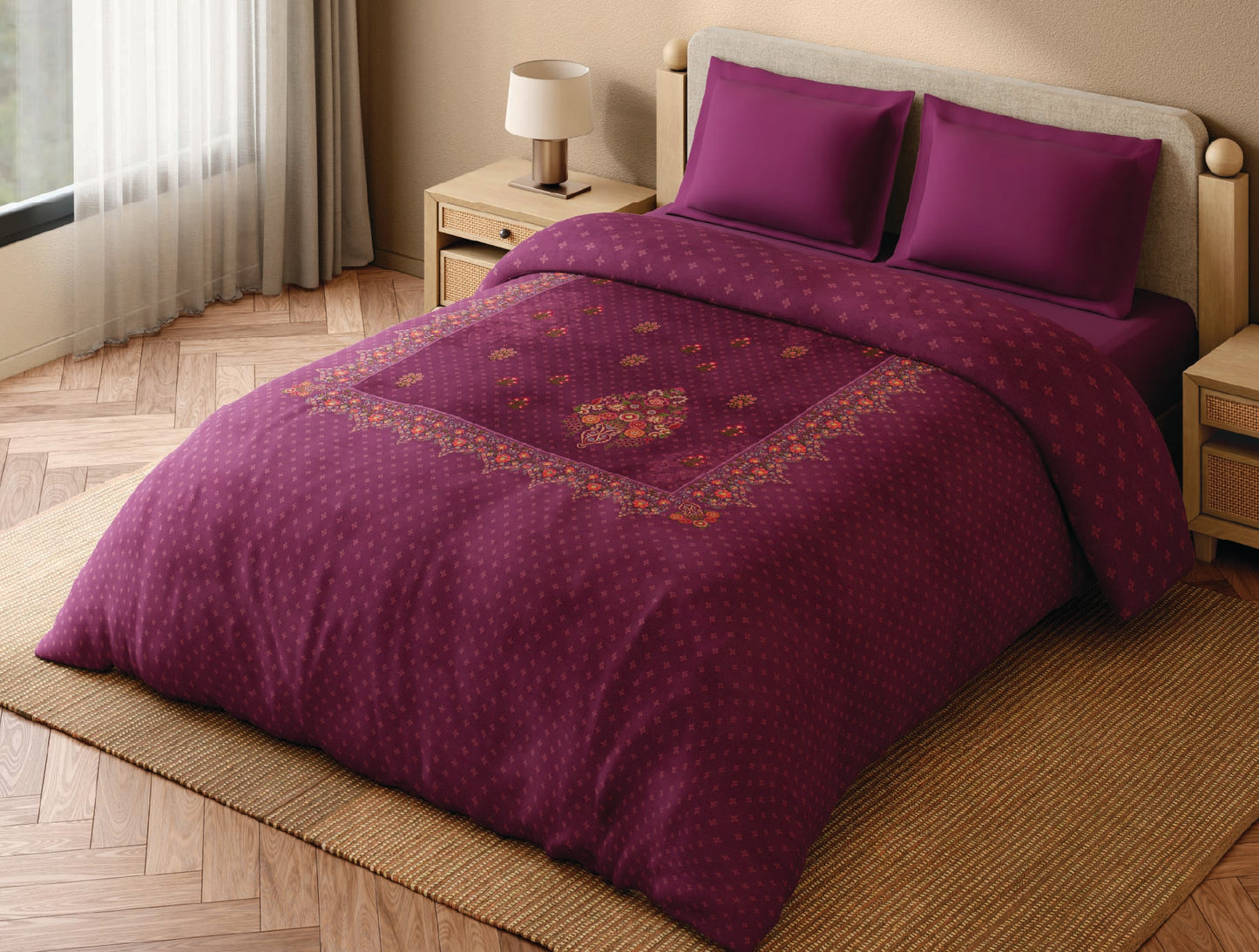 Spaces Paper Mache 100% Cotton 300 TC Floral Maroon Double Quilt - 88 x 106 Inches