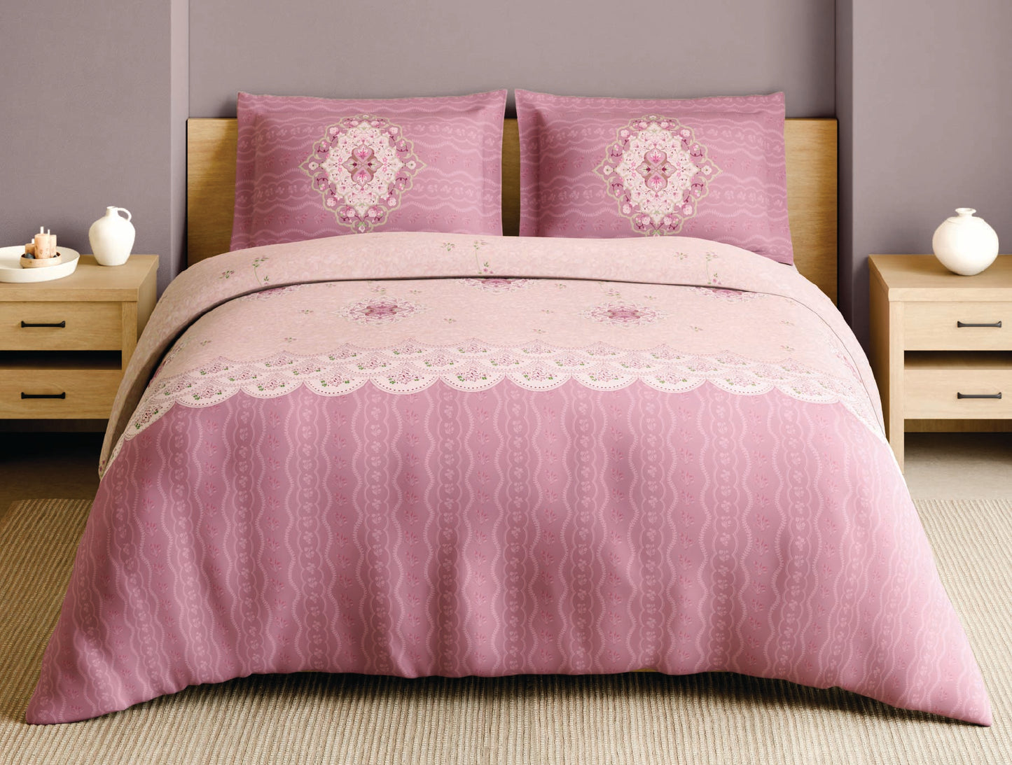 Spaces Paper Mache Pink Floral 100% Cotton Large Bedsheet with 2 Pillow Covers - 108 x 108 Inches