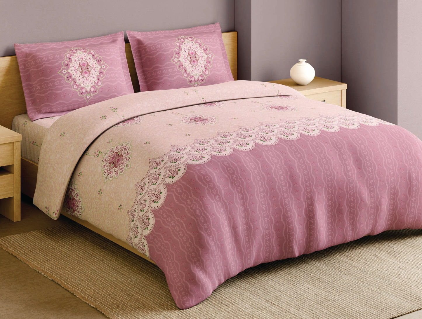 Spaces Paper Mache Pink Floral 100% Cotton Large Bedsheet with 2 Pillow Covers - 108 x 108 Inches