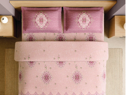 Spaces Paper Mache Pink Floral 100% Cotton Large Bedsheet with 2 Pillow Covers - 108 x 108 Inches