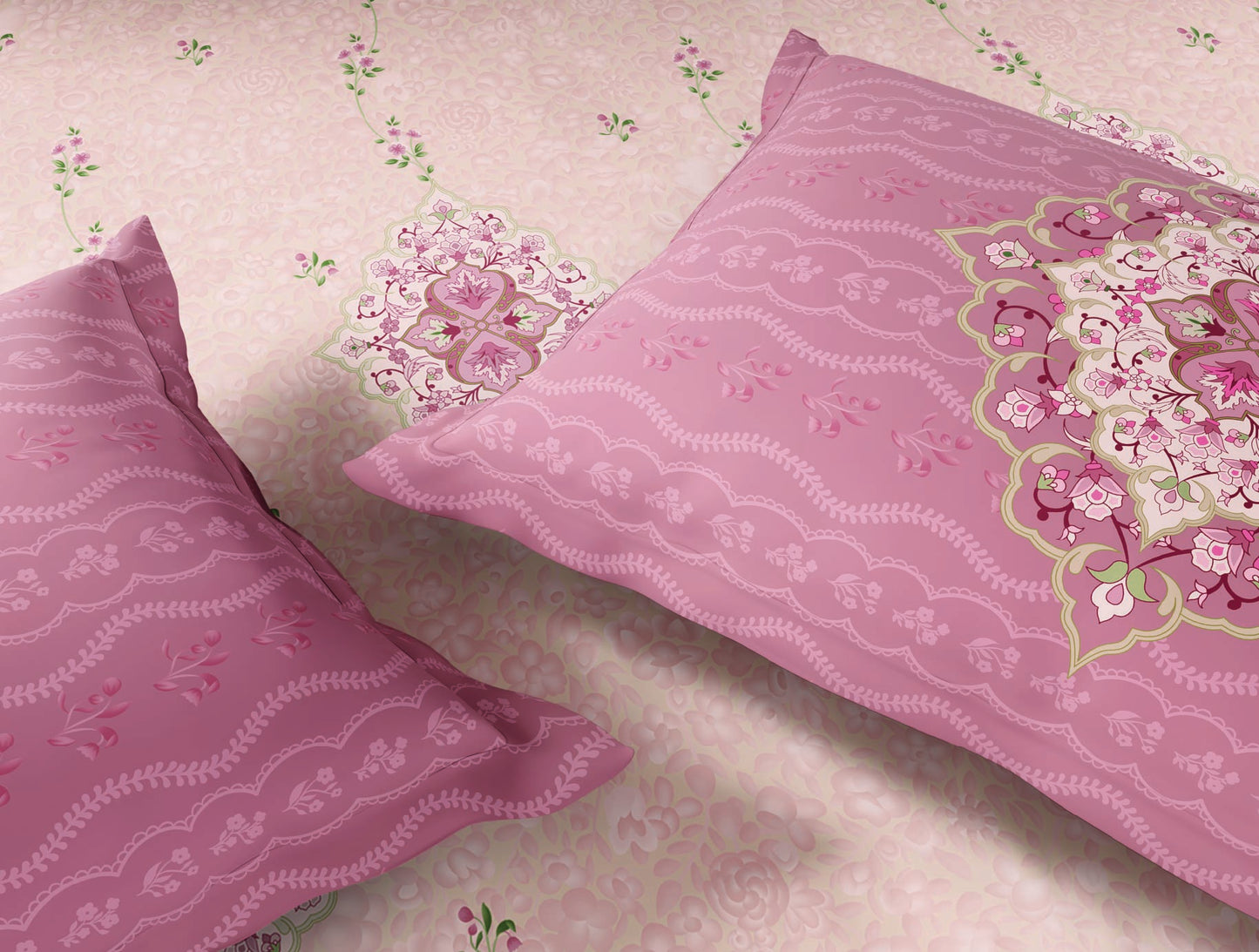 Spaces Paper Mache Pink Floral 100% Cotton Large Bedsheet with 2 Pillow Covers - 108 x 108 Inches