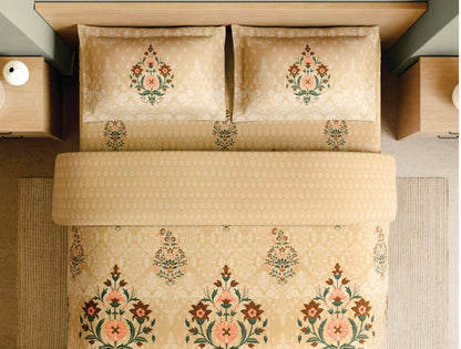 Spaces Meenakari Beige Floral 100% Cotton Large Bedsheet with 2 Pillow Covers - 108 x 108 Inches