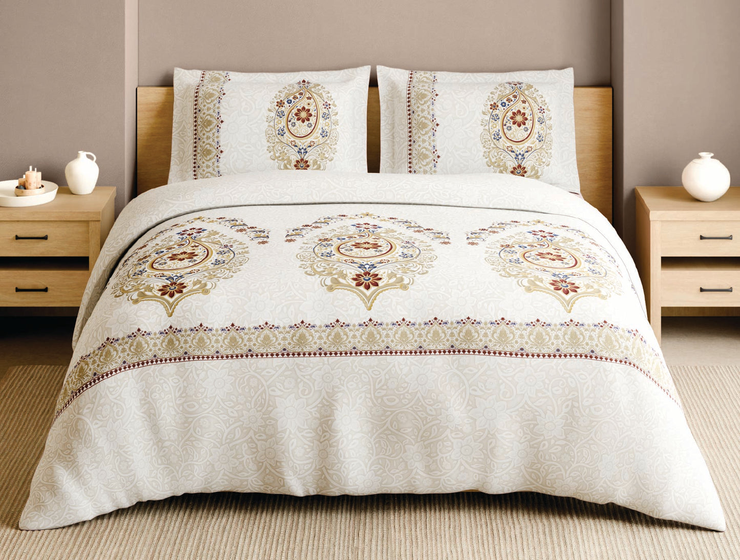 Spaces Meenakari 100% Cotton 210 TC Beige Floral Large Bedsheet with 2 Pillow Covers - 108 x 108 Inches