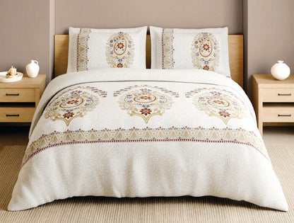 Spaces Meenakari 100% Cotton 210 TC Beige Floral Large Bedsheet with 2 Pillow Covers - 108 x 108 Inches