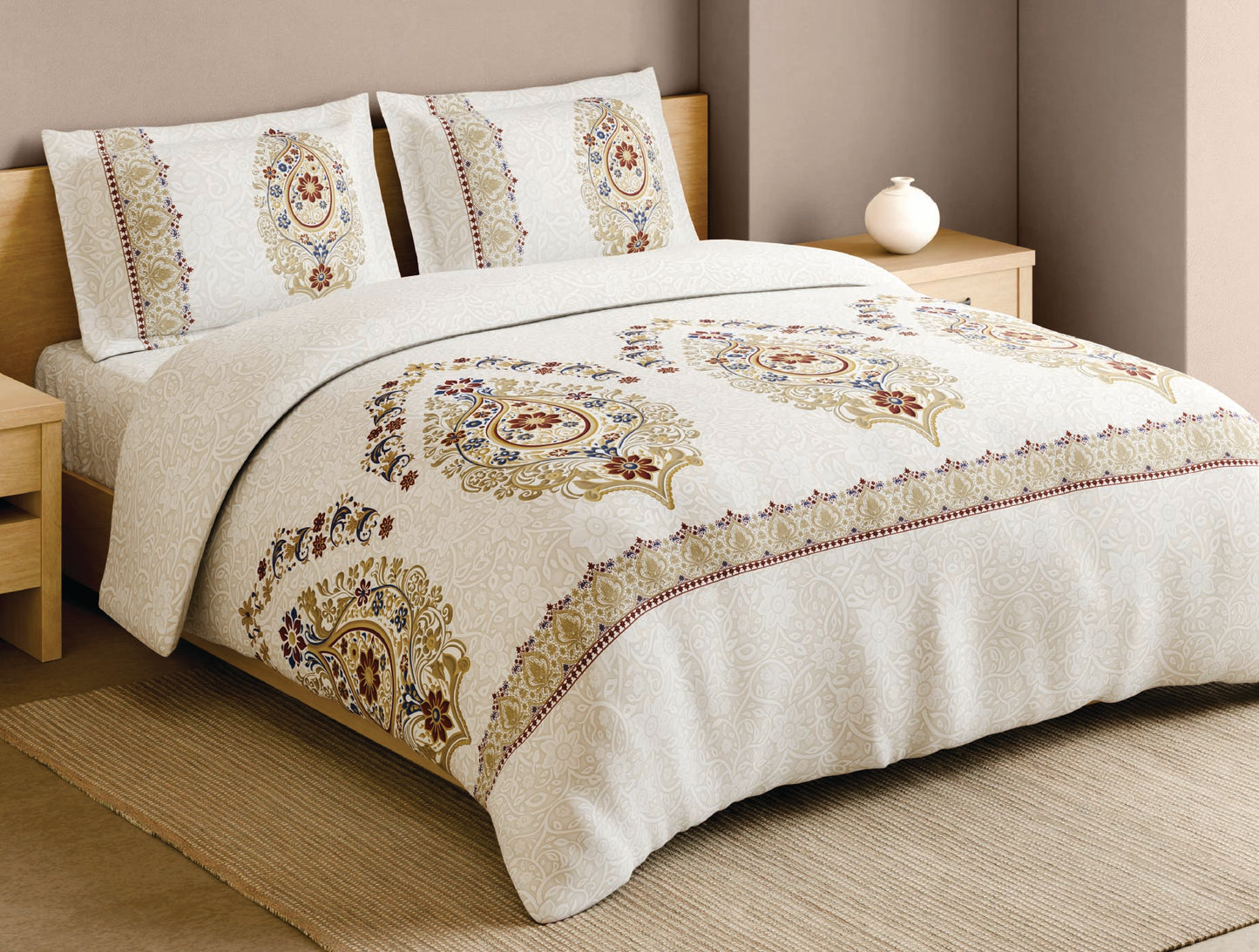 Spaces Meenakari 100% Cotton 210 TC Beige Floral Large Bedsheet with 2 Pillow Covers - 108 x 108 Inches