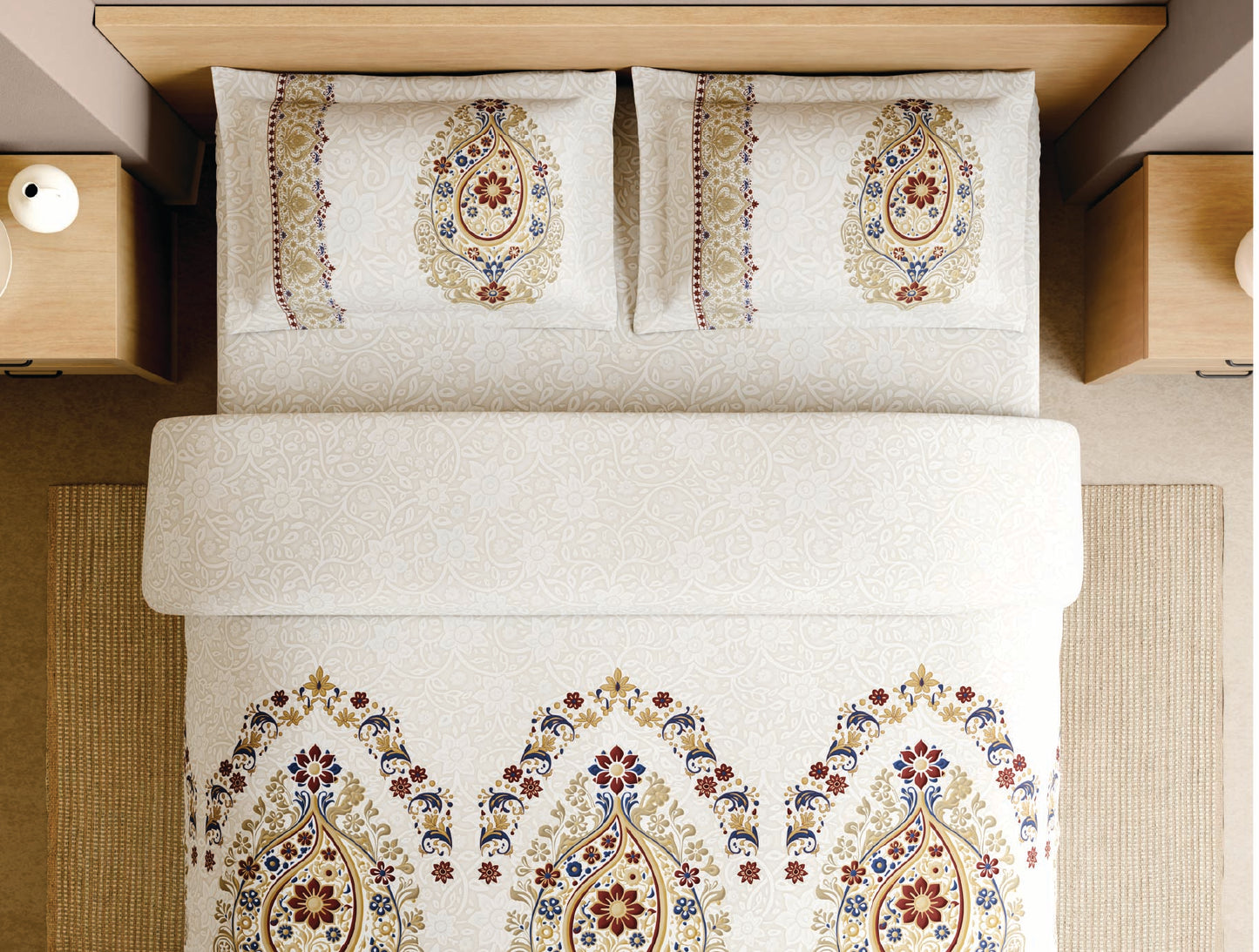 Spaces Meenakari 100% Cotton 210 TC Beige Floral Large Bedsheet with 2 Pillow Covers - 108 x 108 Inches