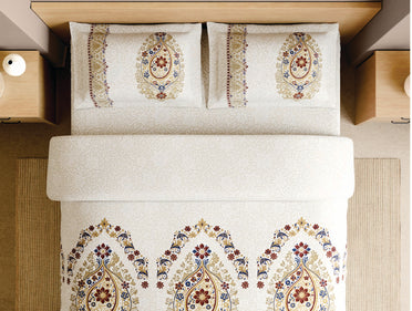 Spaces Meenakari 100% Cotton 210 TC Beige Floral Large Bedsheet with 2 Pillow Covers - 108 x 108 Inches