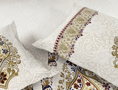 Spaces Meenakari 100% Cotton 210 TC Beige Floral Large Bedsheet with 2 Pillow Covers - 108 x 108 Inches