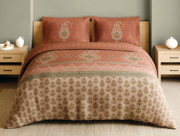Spaces Meenakari Beige Floral 100% Cotton 210 TC Large Bedsheet with 2 Pillow Covers - 108 x 108 Inches