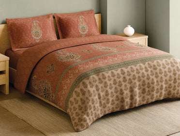 Spaces Meenakari Beige Floral 100% Cotton 210 TC Large Bedsheet with 2 Pillow Covers - 108 x 108 Inches