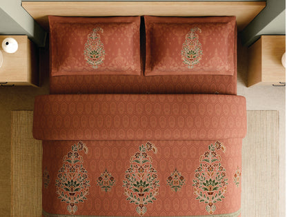 Spaces Meenakari Beige Floral 100% Cotton Large Bedsheet with 2 Pillow Covers - 108 x 108 Inches
