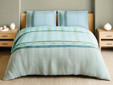 Spaces Marble Inlay Light Blue Floral 100% Cotton 210 TC Large Bedsheet with 2 Pillow Covers - 108 x 108 Inches