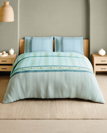 Spaces Marble Inlay Light Blue Floral 100% Cotton 210 TC Large Bedsheet with 2 Pillow Covers - 108 x 108 Inches