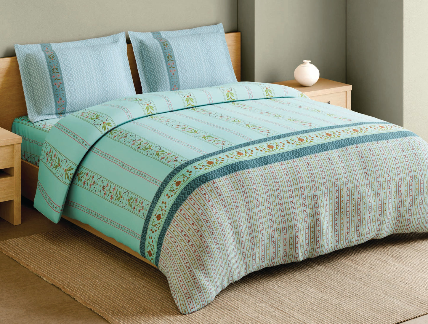 Spaces Marble Inlay Light Blue Floral 100% Cotton Large Bedsheet with 2 Pillow Covers - 108 x 108 Inches