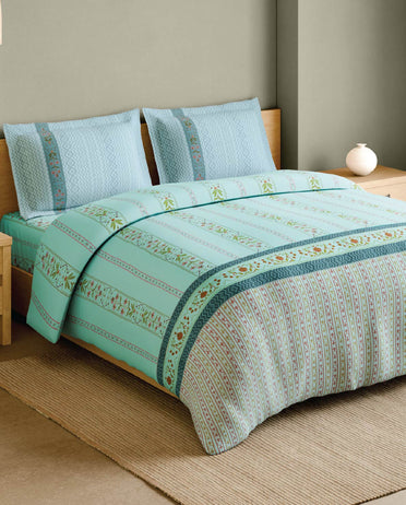 Spaces Marble Inlay Light Blue Floral 100% Cotton 210 TC Large Bedsheet with 2 Pillow Covers - 108 x 108 Inches